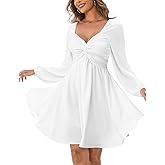 Florboom Women's Sweetheart Knot Front Dress Lantern Long Sleeve Smocked Back A-Line Chiffon Mini Dresses