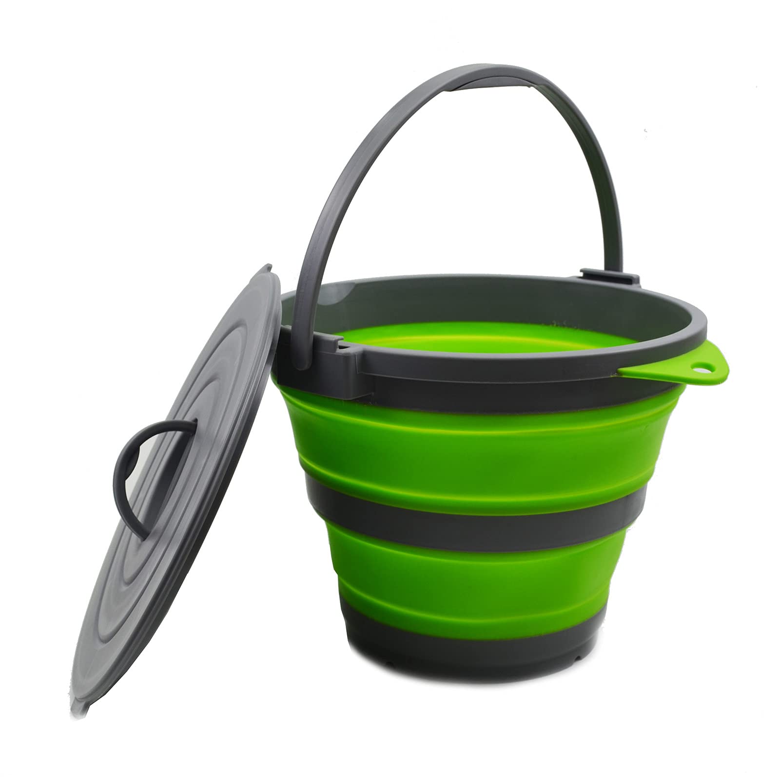 SAMMART 10L Collapsible Fishing Bucket with Locking Lid - Foldable Round Tub - Portable Plastic Water Pail - Space Saving Outdoor Waterpot (Dark Grey/Green) — image 1