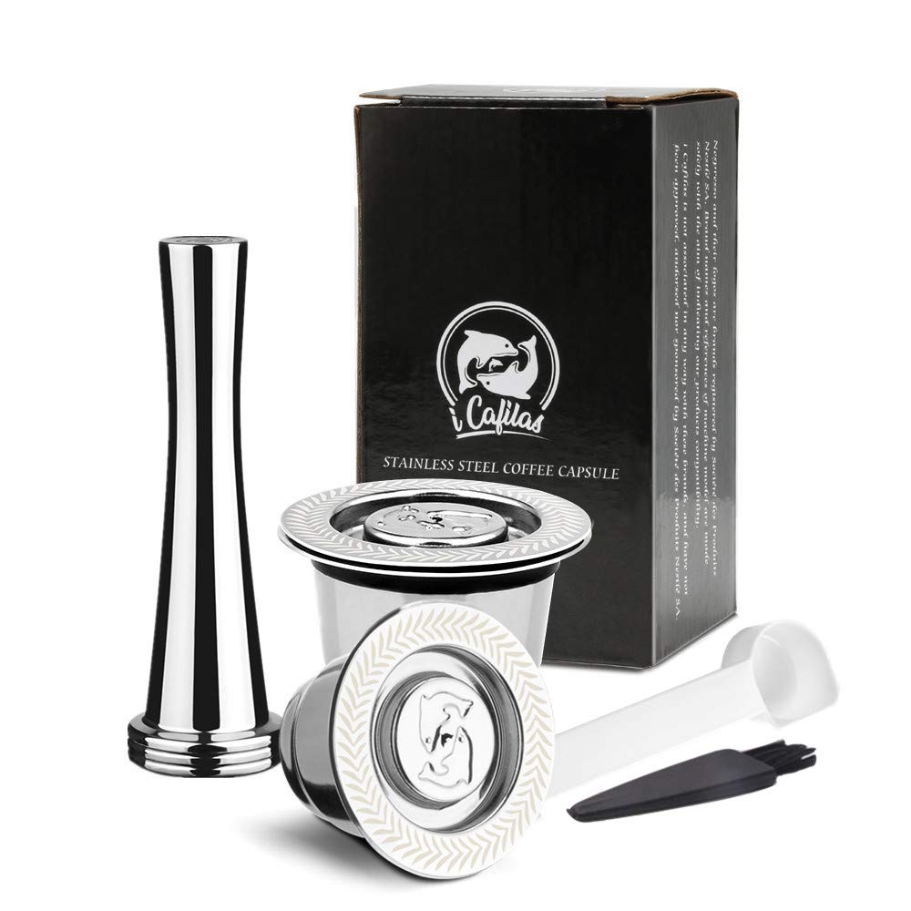 i Cafilas Reusable Nepresso Capsule, Refillable Stainless Steel Nepresso Capsules Compatible with Nepresso Original Line Machine (2 Pods,1 Tamper)
