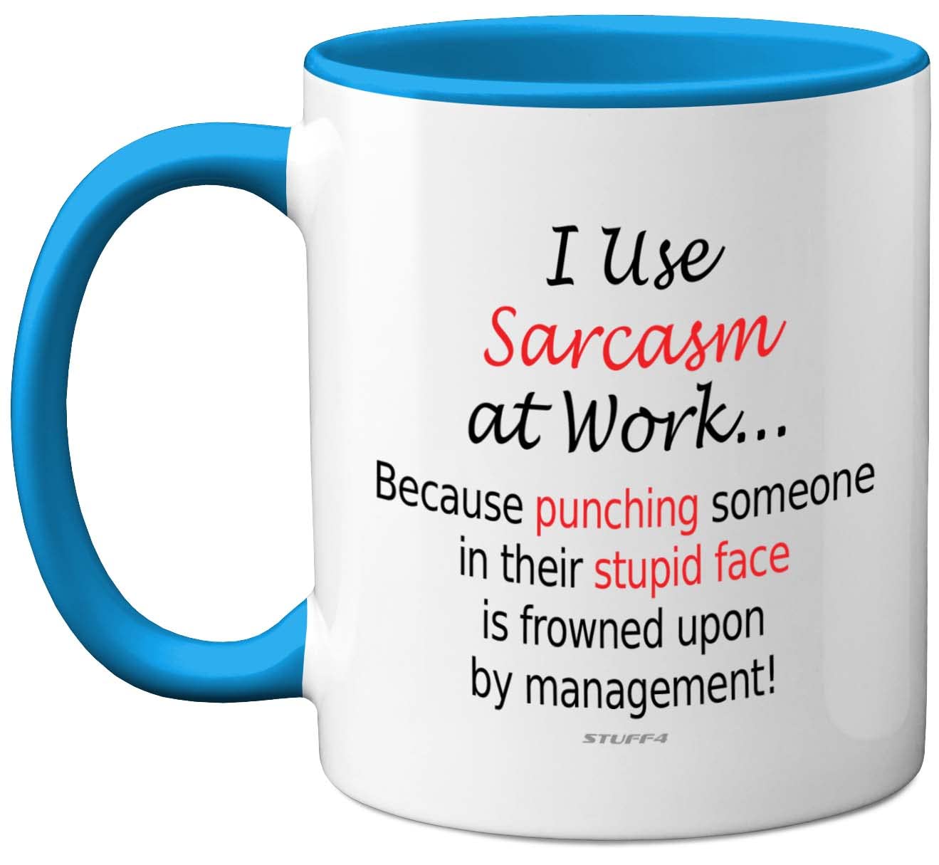 Funny Mugs for Men & Women - I Use Sarcasm at Work Novelty Mugs for Colleagues, Secret Santa Gifts, Christmas Birthday Present Idea, 11oz Dishwasher Safe Blue Handle Mug