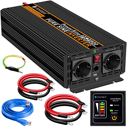 NOVOPAL 2500W Inverter 12V 220v Pure Wave Voltage Converter | 5M Remote Control, 5V 2.4A USB Port, 2 AC Outlets for Car, Truck, Caravan