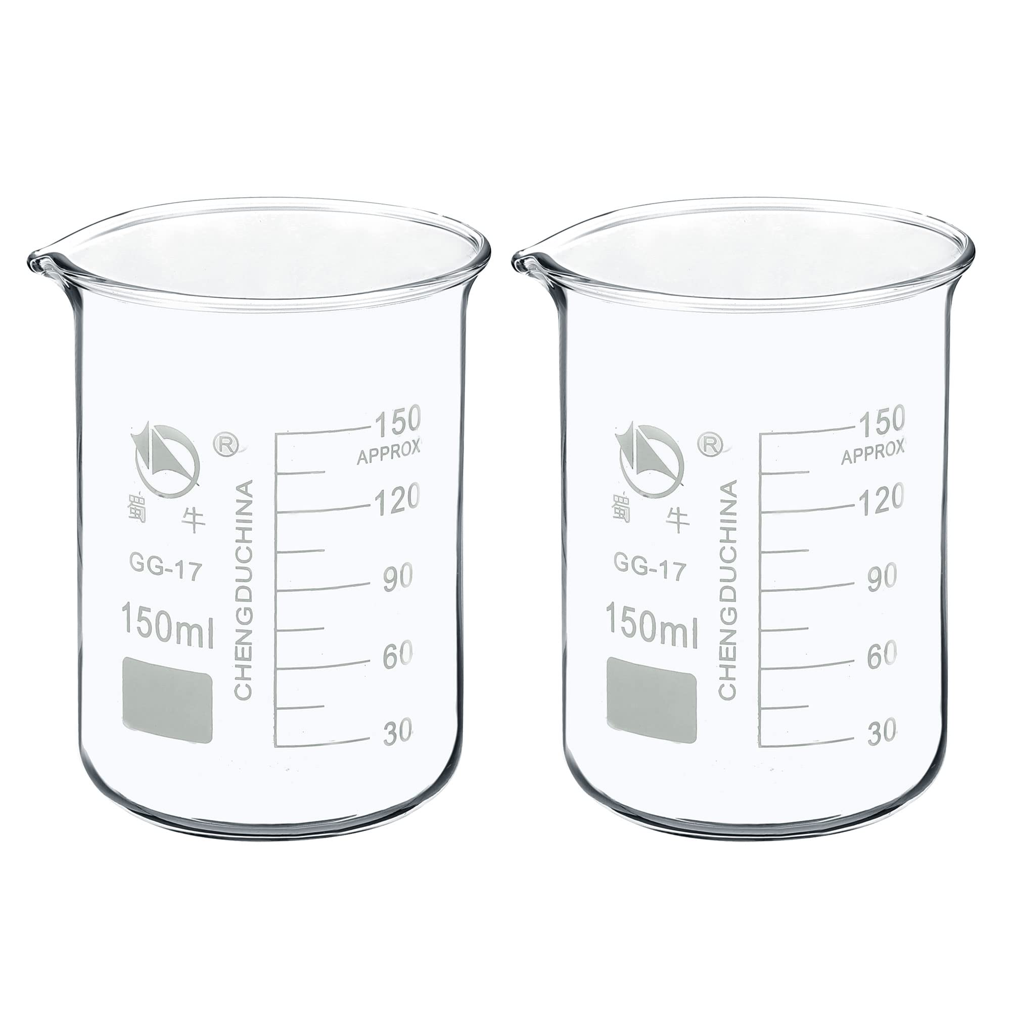 PATIKIL 150ml Low Form Glass Beaker, 2 Pack 3.3 Borosilicate Glass Graduated Printed Scale Measuring Cups with Spout for Kitchen Lab Liquids Transit Boiling
