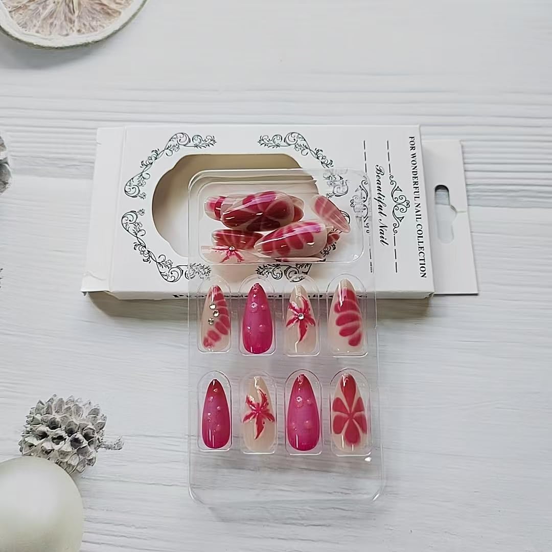 24 Pcs Fall Winter Press on Nails Short Almond - YEFIUO Pink Red Fake Nails Press ons French Nail Art Tip Full Cover Acrylic False Nails Glue on Nails Kit with 3D Red Flowers Floral Design for Women - Image 6