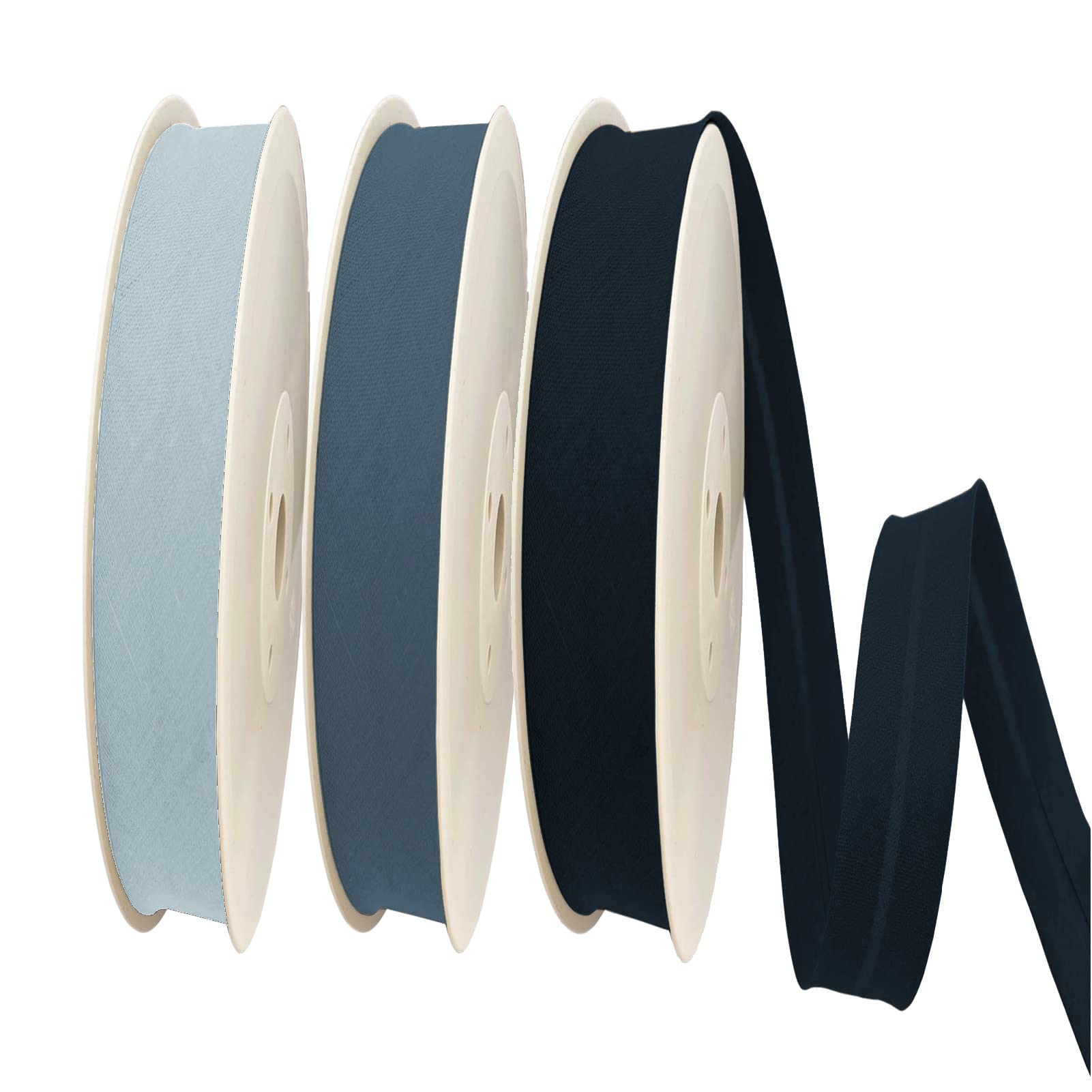 TEXTEX = 20mm Wide Bias Binding Tape. 50% Cotton and 50% Polyester. Pack of 3 Pieces of 10m Each - (Light Blue/Medium Blue/Navy Blue)