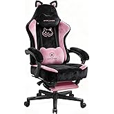 GTPOFFICE Cute Gaming Chair with Cat Ears, Ergonomic Computer Chair with Footrest Cat Paw Lumbar Support Comfortable Reclining Game Chair Desk Chair for Adult Teens, Soft Fabric, Pink Black