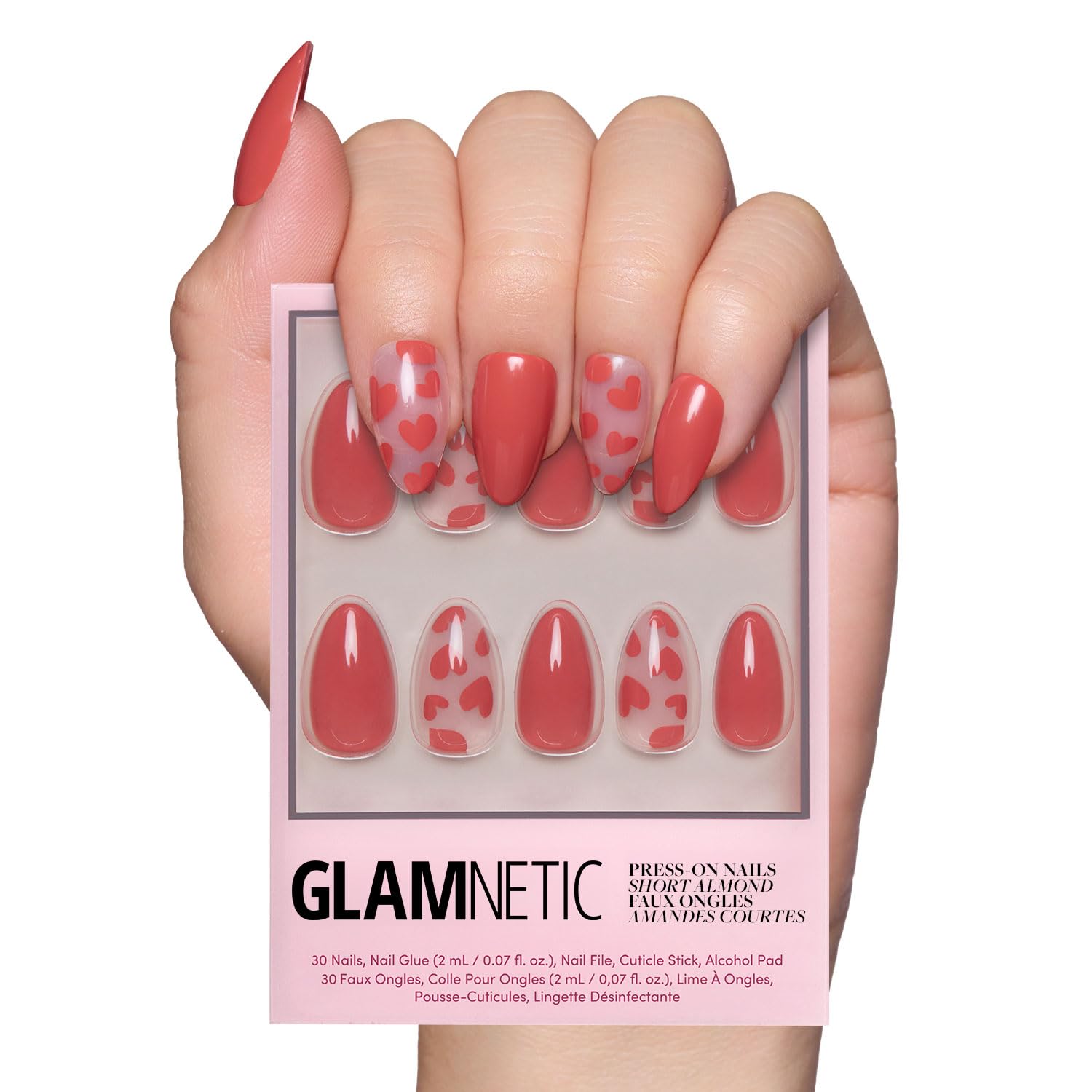 Glamnetic Press On Nails - Love Me | Red Short Almond Nails with Heart Accents, Reusable Stick On Fake Nails with Glue | Love In Bloom Spring Nails | 15 Sizes - 30 Nail Kit with Glue