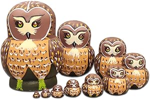 Moonmo 10pcs Brown Owl Handmade Wooden Russian Nesting Dolls Matryoshka Dolls Set