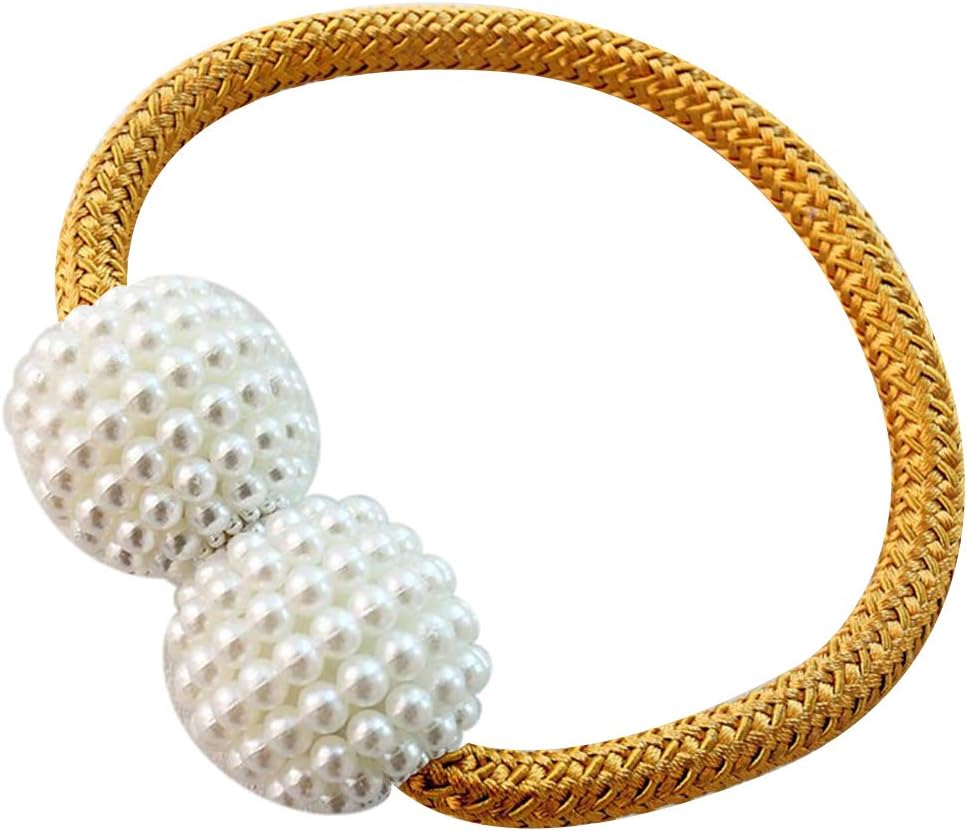 longyitrade Faux Pearl Beads Weaving Rope Magnetic Curtain Tieback Ring Holder Home Decor - Golden