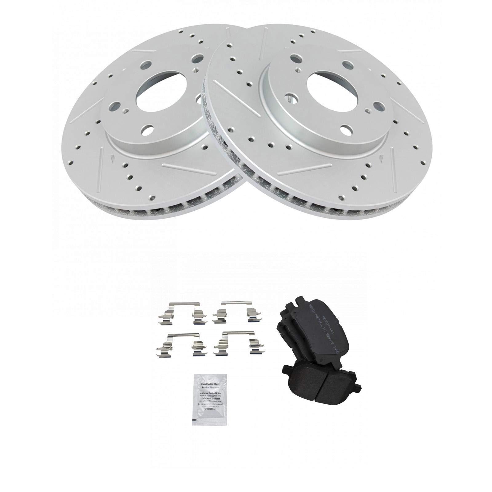 TRQ Front Brake Pad and Rotor Set Semi Metallic Coated Drilled Slotted Vented Rotors Compatible with 1997-2001 Lexus ES300 Toyota Camry 1998-2004 Avalon 1999-2003 Solara Image