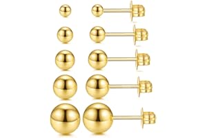 JINEAR 14K Gold Plated Stud Earrings for Women, Pearl Stud Earrings Ball Stud Earrings Set for Women Men Cartilage Piercing Studs Flat Back Stud Earrings Gift for Her (3mm-7mm)) (Gold)