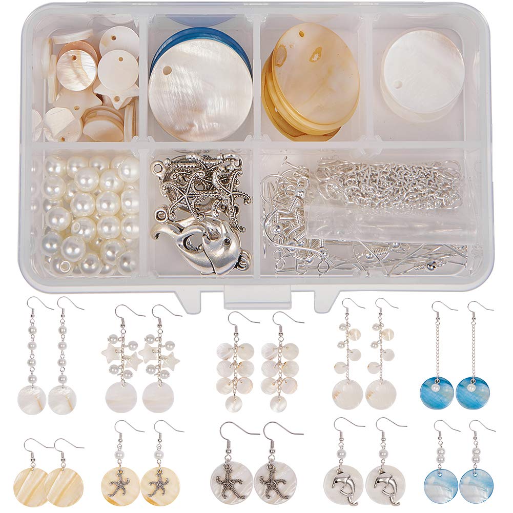 SUNNYCLUE 1 Box DIY 10 Pairs Natural White Sea Shell Drop Dangle Earrings Making Starter Kit Round Seashell Charm Pendants Earring Hook for Art Craft Projects Silver