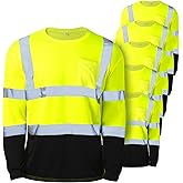 Zhanmai 6 Pack High Visibility Shirts Class 3 Reflective Safety Hi Vis Shirt Long Sleeve Wicking Safety Shirt with Pocket (Yellow)