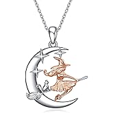 YFN Sterling Silver Cat Witch Necklace Hanging on Broom - Women's Witch Jewelry Gift