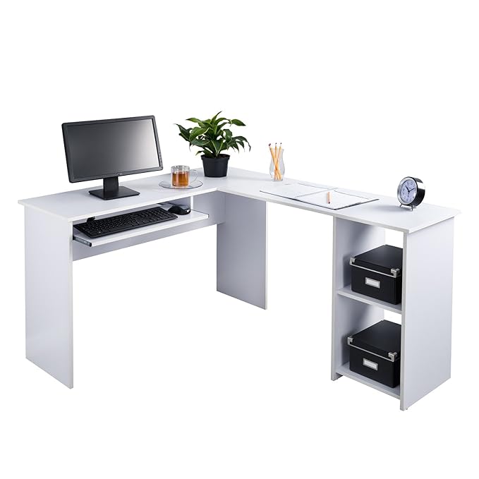 Fineboard LShaped Office Corner Desk 2 Side Shelves, White
