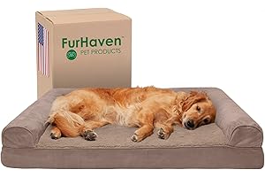 Furhaven Cooling Gel Dog Bed for Large Dogs w/ Removable Bolsters & Washable Cover, For Dogs Up to 95 lbs - Plush & Suede Sofa - Almondine, Jumbo/XL
