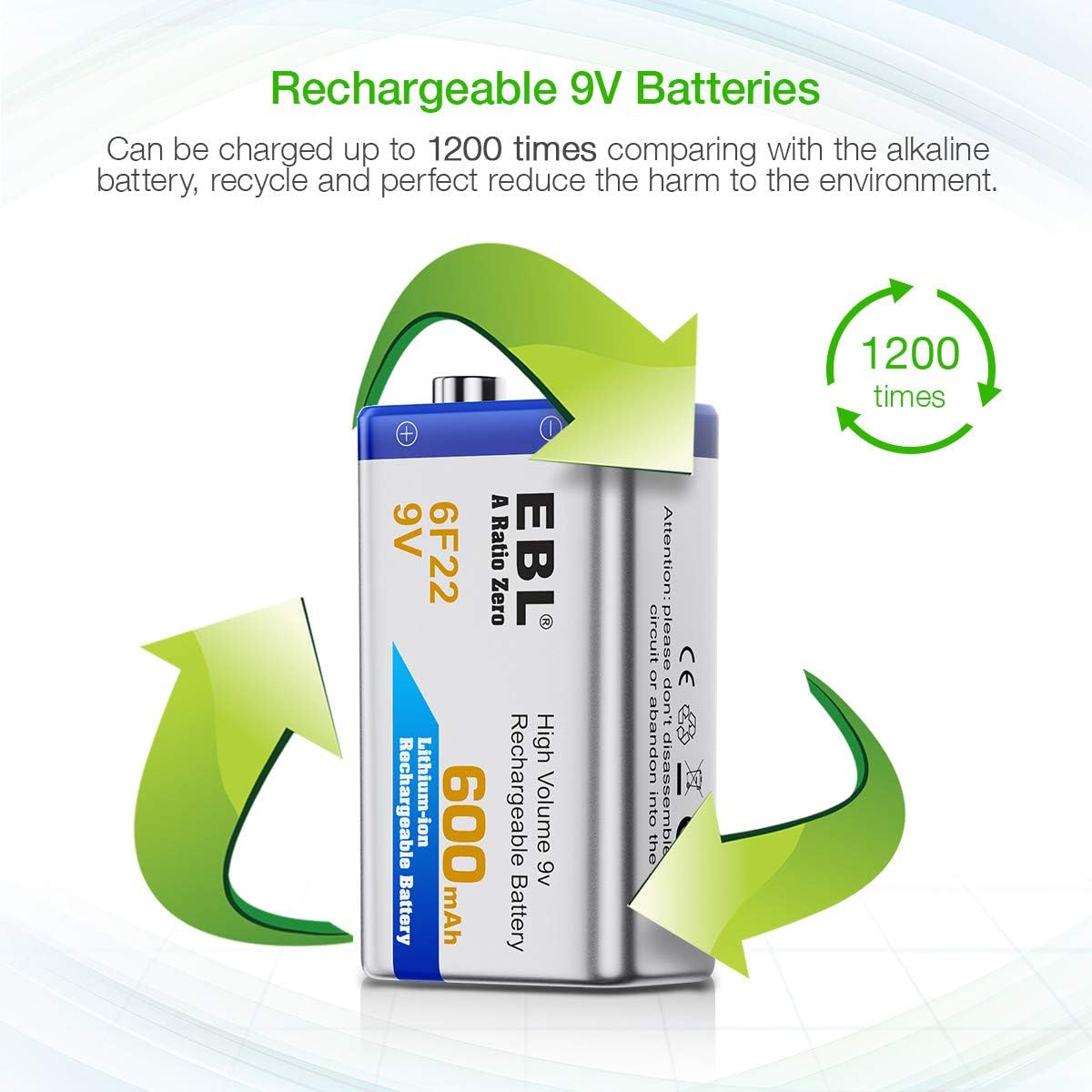EBL 9 Volt 600mAh Li-ion Rechargeable 9V Batteries Lithium-ion, 6 Pack: Electronics