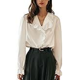 EVAZOU Women's White Eyelet Lace Ruffle V-Neck Blouse, Bohemian Style Long Sleeve Button Closure Elastic Cuff Shirt Top