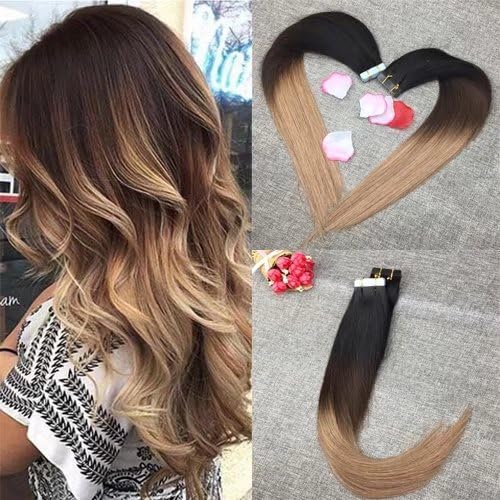 20 Pcs 50 Gram Glue in Hair Extensions Human Hair Tape Real Hair Extensions 22" Balayage Ombre Hair Extensions #1B Fading to Pinao Color #4 Dark Brown and #27Honey Blonde