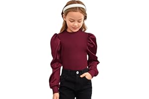 Floerns Girls Casual Puff Long Sleeve Round Neck Rib Knit Blouse Tee Tops