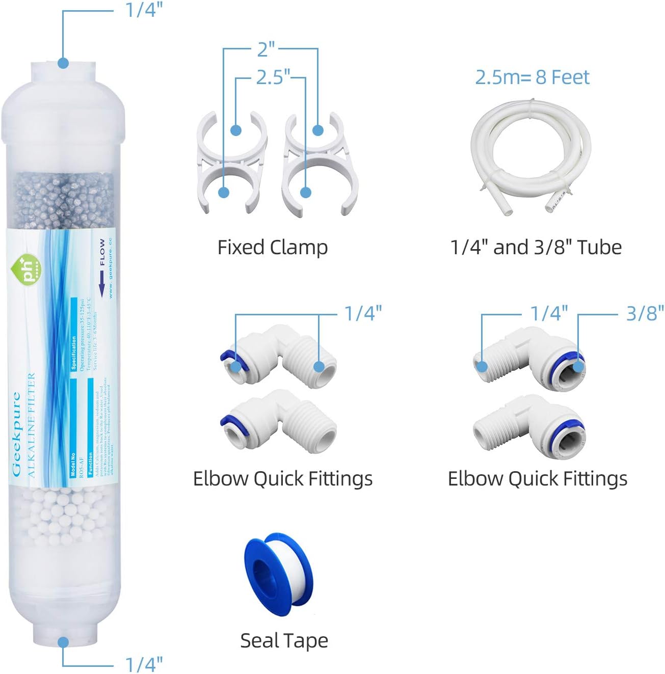 Geekpure 10 Inch Inline Alkaline Water Filter Kit pH+ for Reverse
