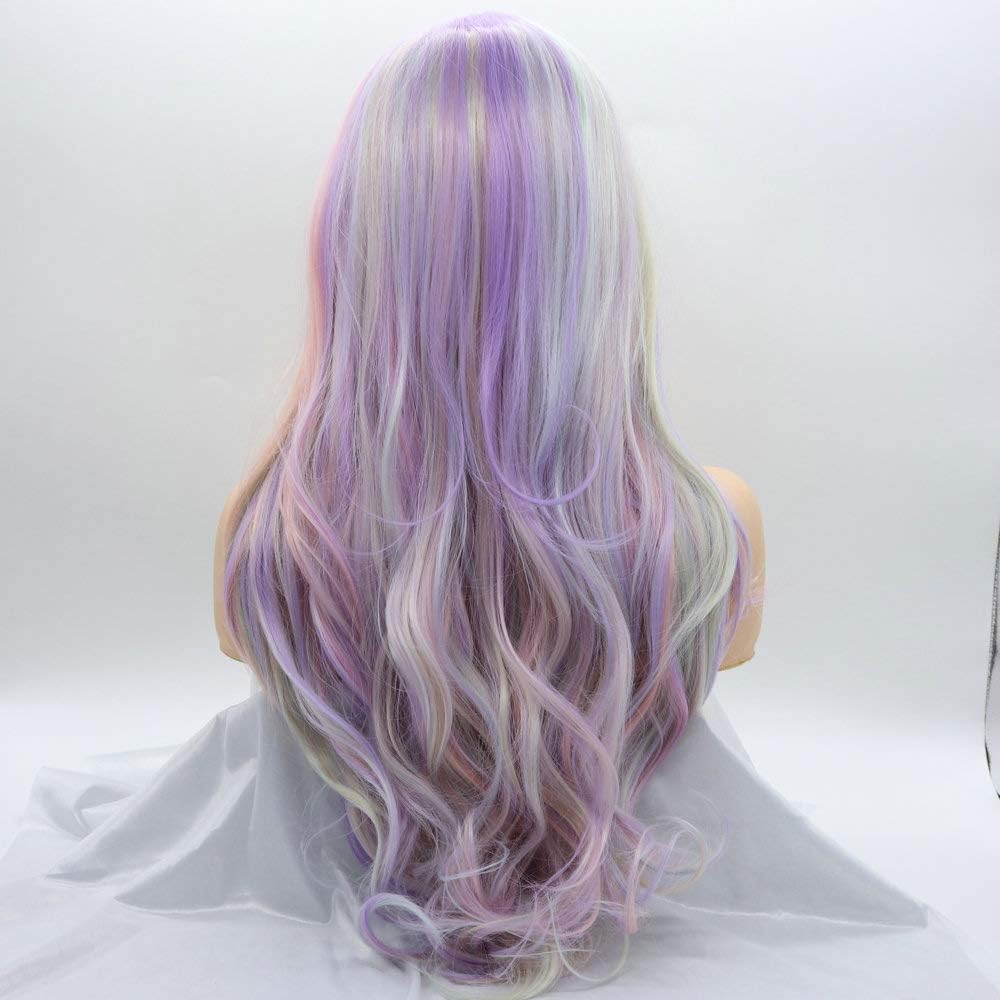 RainaHair 26inch Pastel Mermaid Wig Mixe Lilac Orange Pastel Green Light Blonde Lace Front Wig Long Wavy Heat Resistant Synthetic Wigs Warm Color - Image 4