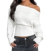 LOFAAC Women Sexy Off Shoulder Cinched Waist Knitted Sweater Top Asymmetrical Neck Long Sleeve Ribbed Pullover Jumper