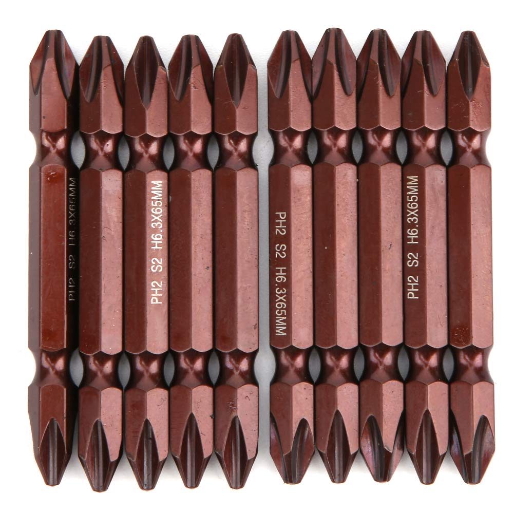Jeanoko 10PCs Double Ended Screwdriver Bits Set S2 PH2 Strong Magnetic Cross Drill Bit Hex Shank Cross-Shaped Screws Tools H6.3 x 65MM(PH2)