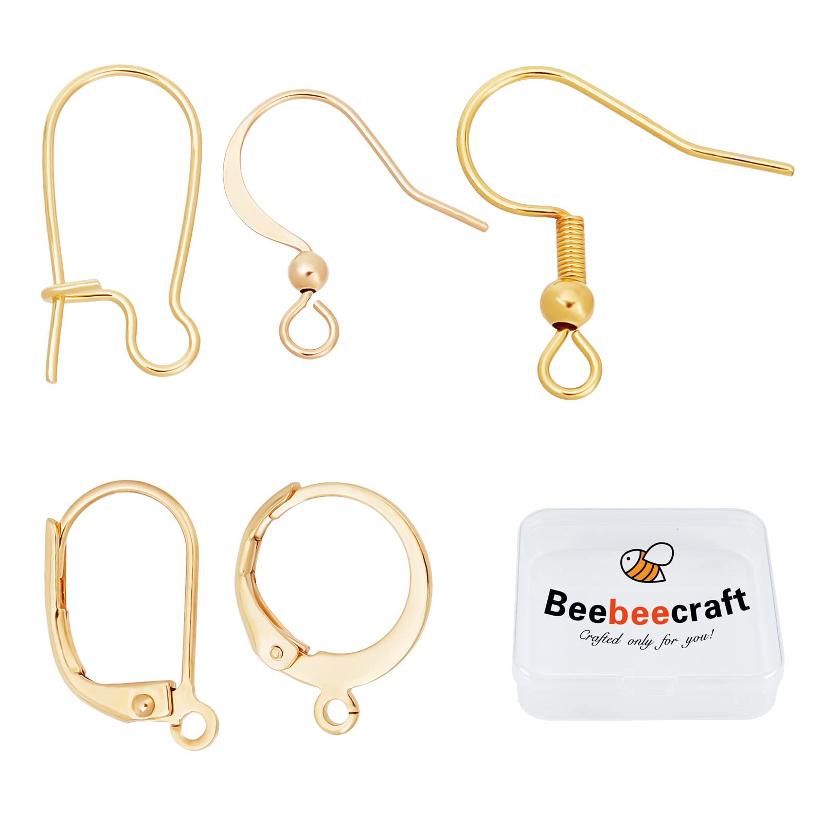 Beebeecraft 1 Box 50Pcs 5 Style Earring Hooks with Loop Hole 18K Gold Plated Earring Making Kit Leverback Huggies Ear Wire for Jewellery Making