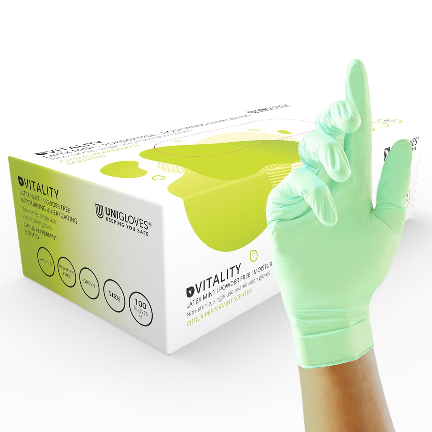 Unigloves Vitality Latex Mint GD0012 Examination - Multipurpose, Scented, Powder Free Disposable Gloves, Box of 100 Gloves, Green, Small