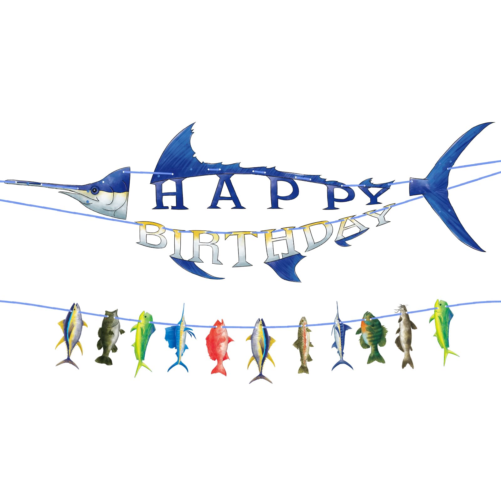 Photo 1 of WERNNSAI Fishing Happy Birthday Party Banner - Gone Fishing String Hanging Banner with Pre-strung Fishing Banner Supplies for Boys Litter Fisherman Birthday Party Hanging Wall Decorations