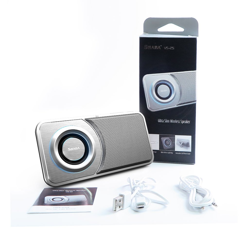 SHABA Ultra Slim Pocket Portable Bluetooth Speaker with Phone Stand, LED Light, TF Card, FM Radio, Speakerphone, Recorder (Sliver)