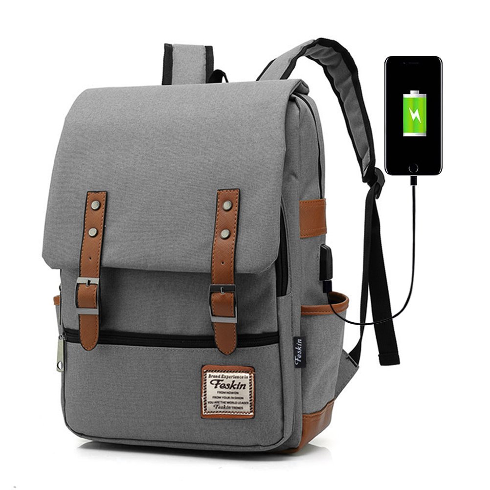 FEWOFJ Professional Laptop Backpack with USB Charging Port, Fashion Travel Bag Vintage Business Work Computer Rucksack College School Casual Daypack for Women Men Girls - Grey