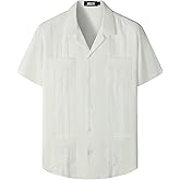 JOGAL Mens Guayabera Shirts Cuban Short Sleeve Casual Button Down Beach Shirt