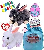 TY Beanie Babies 2018 Easter Bunnies Smokey (Grey) & Cotton (White) Gift Set Basket Bundle with Bonus 