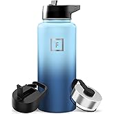 IRON °FLASK Camping & Hiking Hydration Flask with Straw, Wide Mouth Insulated Stainless Steel Sports Water Bottle - 32 oz Blue Waves