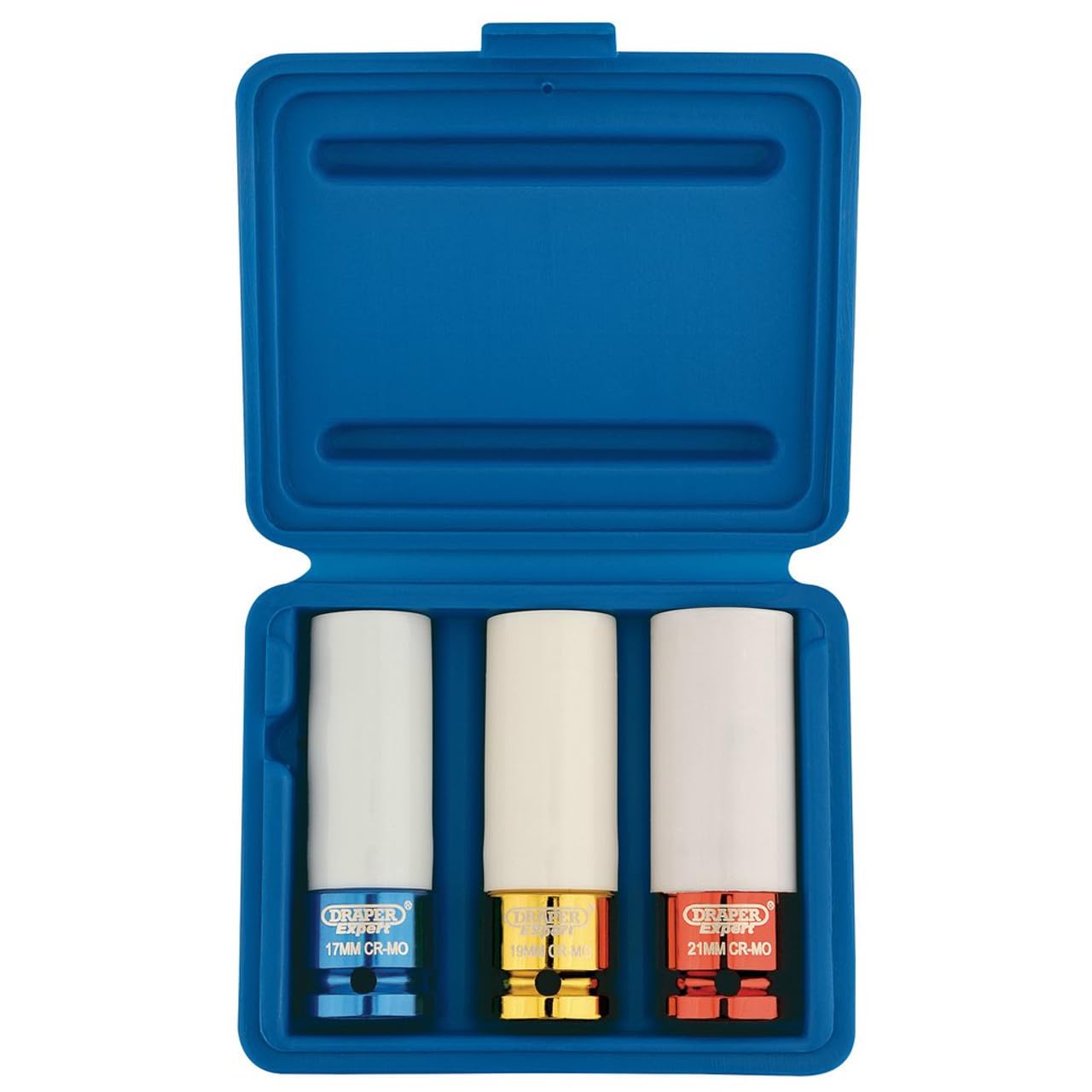 Draper HI-TORQ® 1/2" 17mm to 21mm Wheel Nut Sockets | 3 Piece 6 Point Hex Socket Set | Nylon Sleeved Chrome Molybdenum Wrench Accessory | 30630