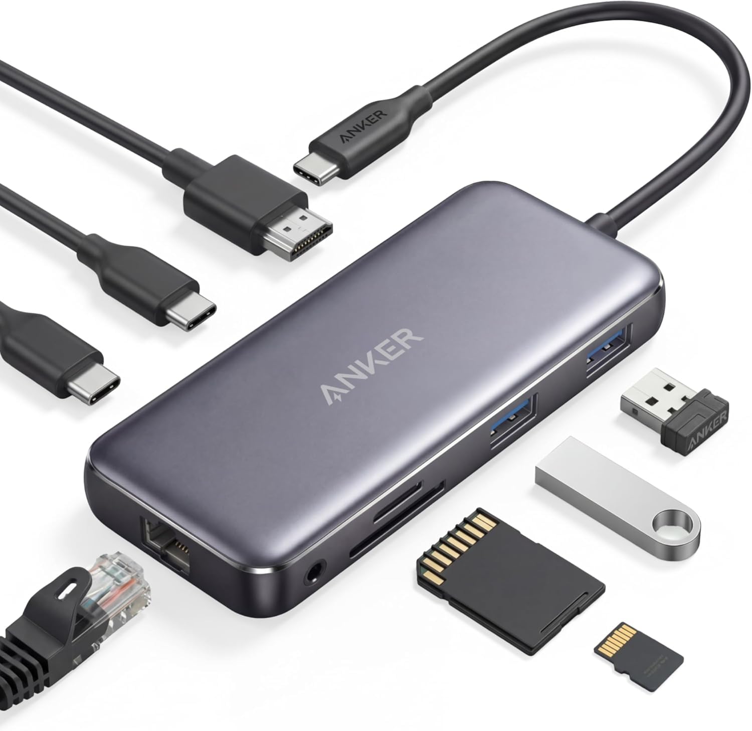 Anker USB C Hub with Ethernet, 8-in-1 Multiport Ethernet Adapter with 4K 60Hz HDMI Port, 85W Power Delivery, 10Gbps USB C and 2 A Data Ports, microSD SD Card Reader, for MacBook Pro/XPS/iPad and More