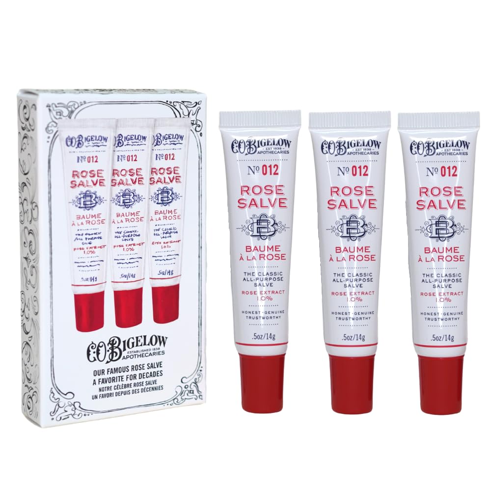 C.O. Bigelow Rose Salve Tubes, Pack of 3 Lip Balm Tubes, All Purpose Salve for Lips, Cuticles, Hands & Dry Skin, Lip Balm Set, 0.5 oz