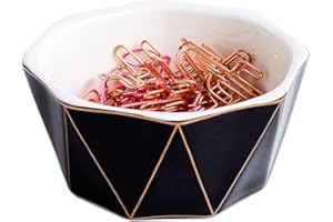 YOSCO Paper Clip Holder With Gold Line Geometric Ceramic Paper Clip Dispenser for Desk Cute Paper Clip Organizer Office Binder Clip Holder (Black-1)