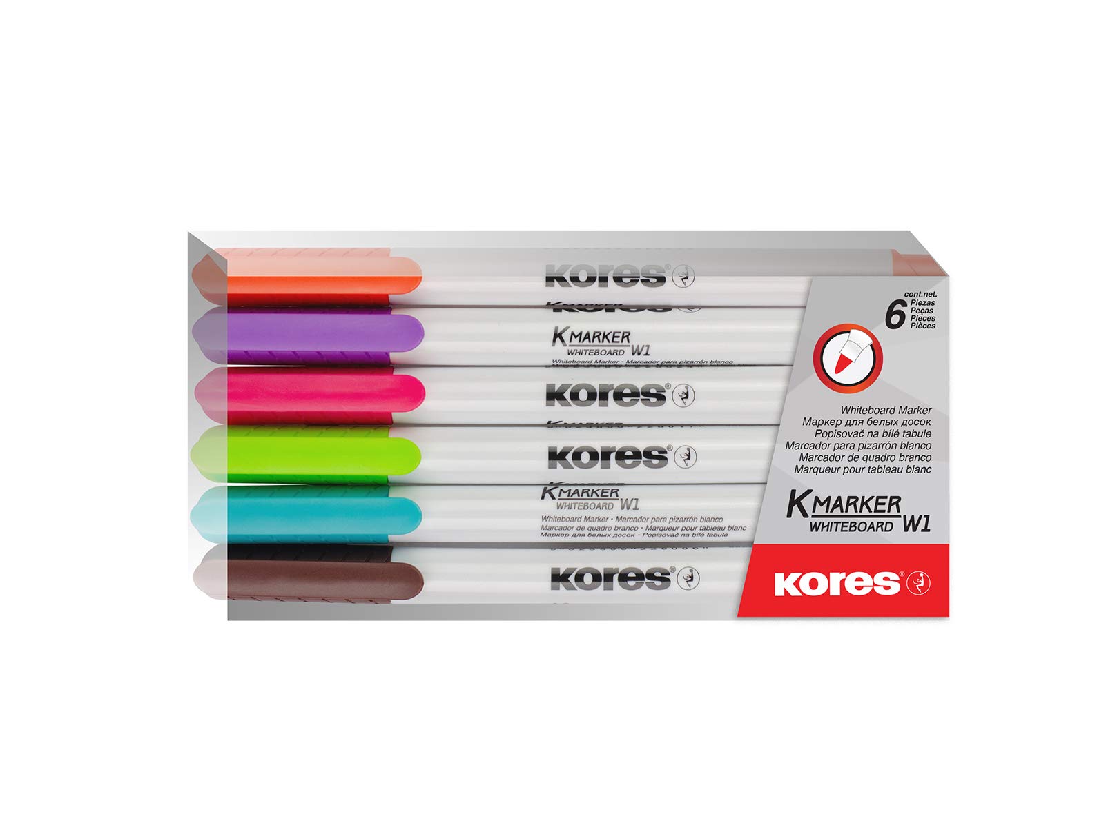 Kores - Coloured Whiteboard Marker Pens - K-Marker, Fine Tip with Low-Odour Ink - Dry Wipe Marker Pens - Back to School Supplies, Office Supplies - Pack of Assorted 6 Colours