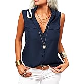 Veatzaer Women's Solid Lapel Sleeveless Tank Tops Summer Button Down Shirts Office Ladies Shirts