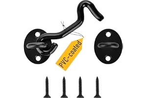 AUCUQU PVC Coated Hook and Eye Latch Lock –Fully Covered Silent Hook, Rust-Resistant for Doors, Gates, Barns, Windows, Fences with Screws, 4 Inch - Black