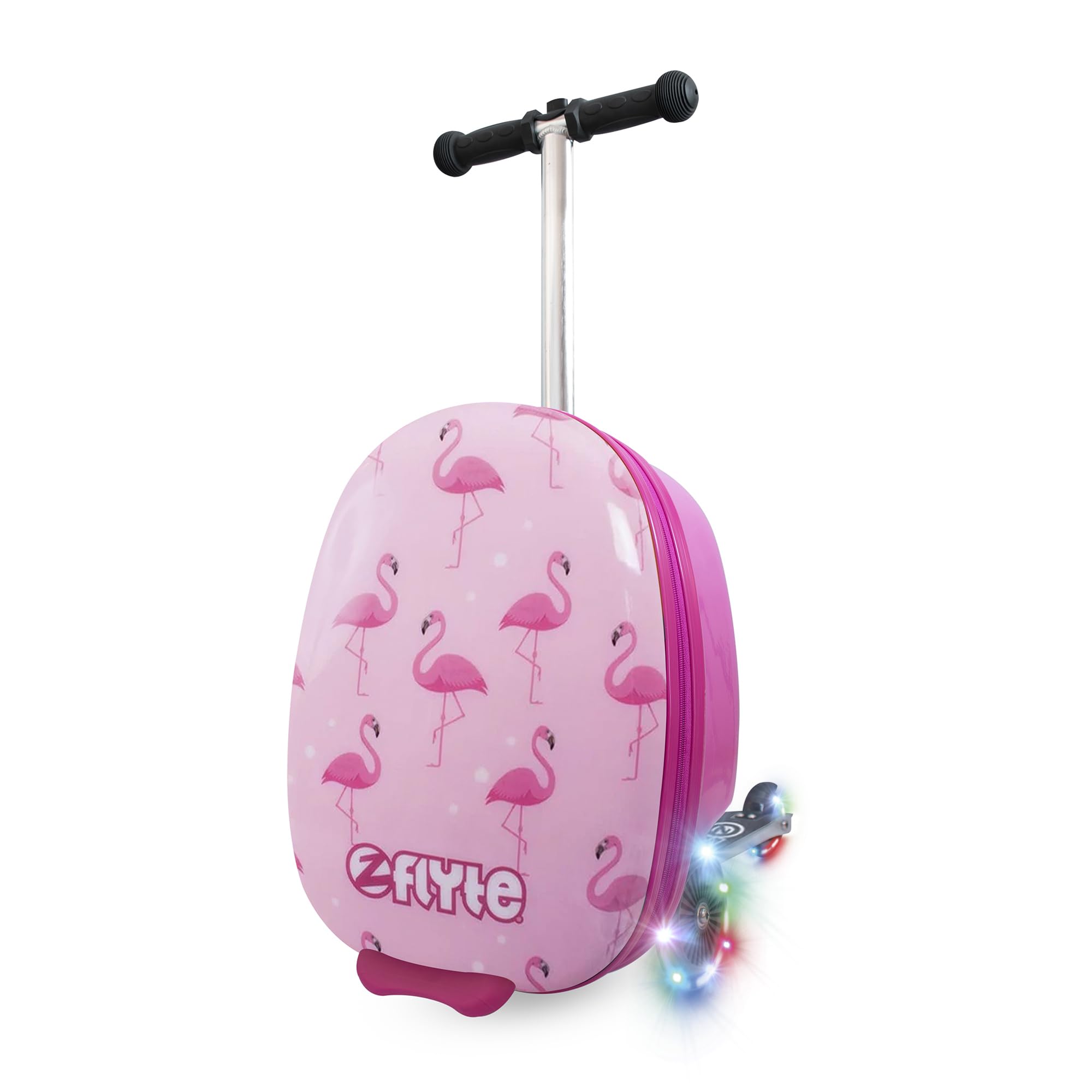 Flyte Scooter 2-in-1 Suitcase Scooter Kids – Kids Ride on Suitcase, Easy-Glide Wheels, Ride on Luggage, 18-Inch, 25 Litre Capacity for Boys and Girls Aged 3+, Light Up Wheels – Fifi The Flamingo