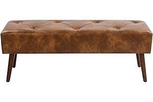 Furniliving 44 Inch Tufted Leather Bench, Leather Footrest Stool Bedroom Bench Seat, Upholstered Tufted Beathable Fabrics Ottoman Bench with X-Shaped Wood Legs for Kitchen, Solid Wood Indoor Bench