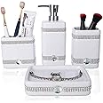 CAA'S Bathroom Accessories Set Ceramic 4 Pieces Bathroom Ensemble for Bath Decor Includes Lotion Dispenser Toothbrush Holder Tumbler Soap Dish (White Inlaid Zircon)