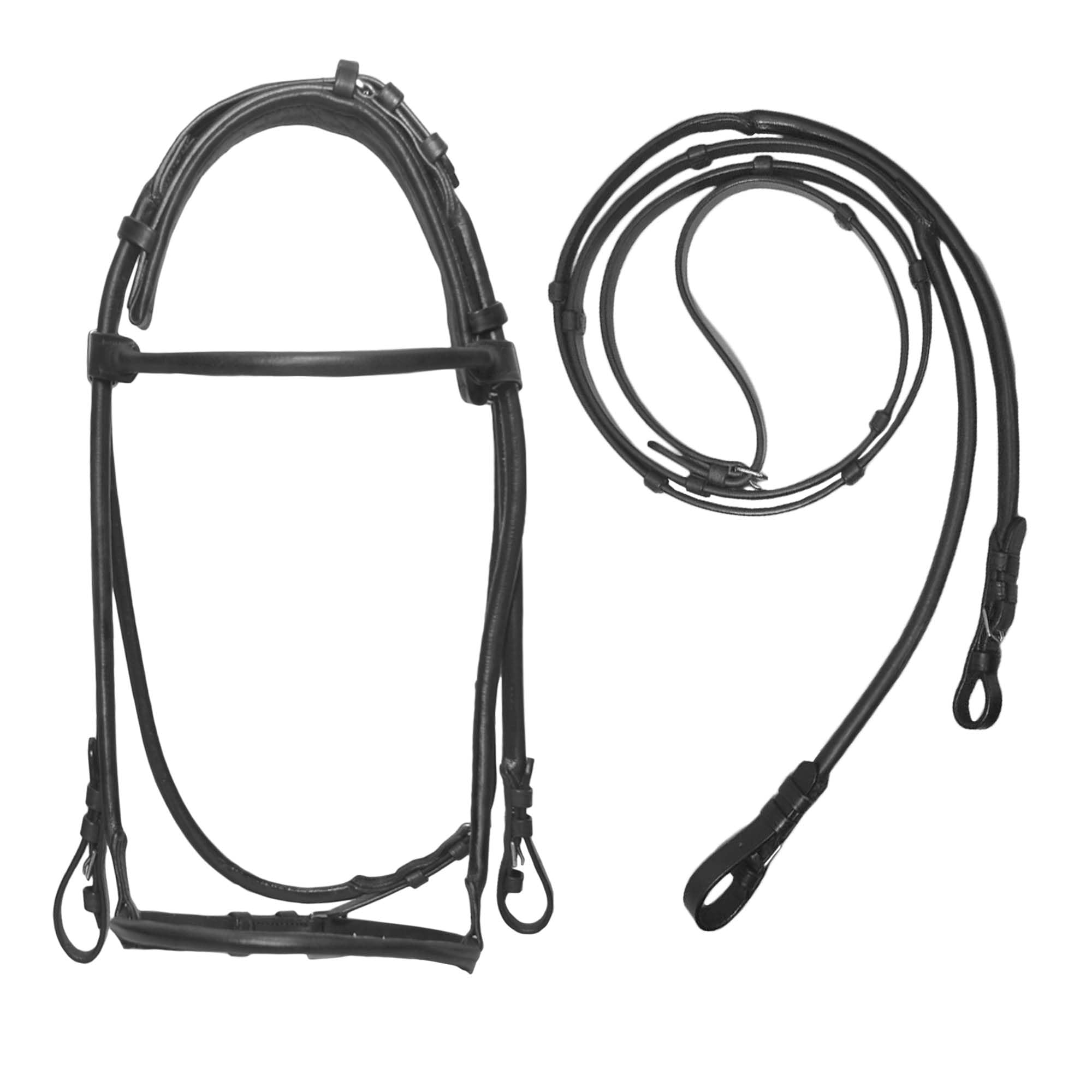 SIE Leather Rolled Horse Bridles with Reins (Black, Pony)
