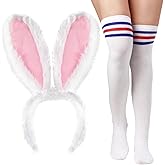 DDLP Halloween Bunny Costume Accessories for Women Red and Blue Striped Thigh High Socks + Bunny Ears Headband for Cosplay