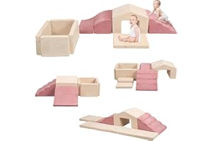 MOOZHEALTH Soft Play Climb and Crawl Activity Playset,Foam Climbing Building Blocks for Toddlers with Ball Pit - Baby Crawling & Sliding Gym Equipment Indoor Active Playing for Preschool,6 Pcs (beige-pink)