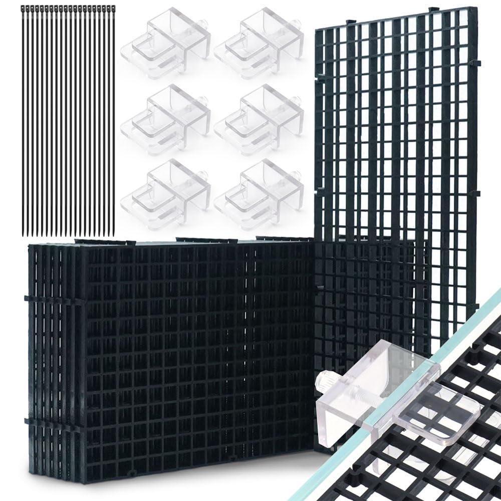 LINLAN Fish Tank Anti-Jump Set, Aquarium Lid, 8 Pieces 5.9x11.8in/15x30cm Plastic Grid with 6 Brackets and 20 Cable Ties, Cover for Rimless Aquarium(Black)