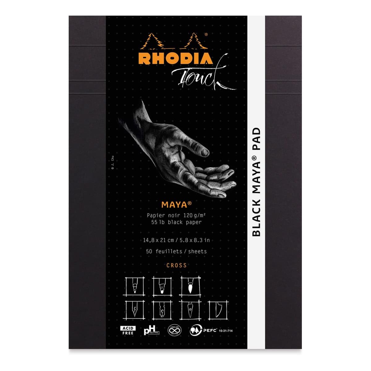 RHODIA TOUCH 116111C - Black Maya Pad A5 New Ruler Cross Block - 50 Sheets - Clairefontaine Maya Black Paper 120 g/m - for Calligraphy and Precise Drawing with Pencil, Liner, Pen